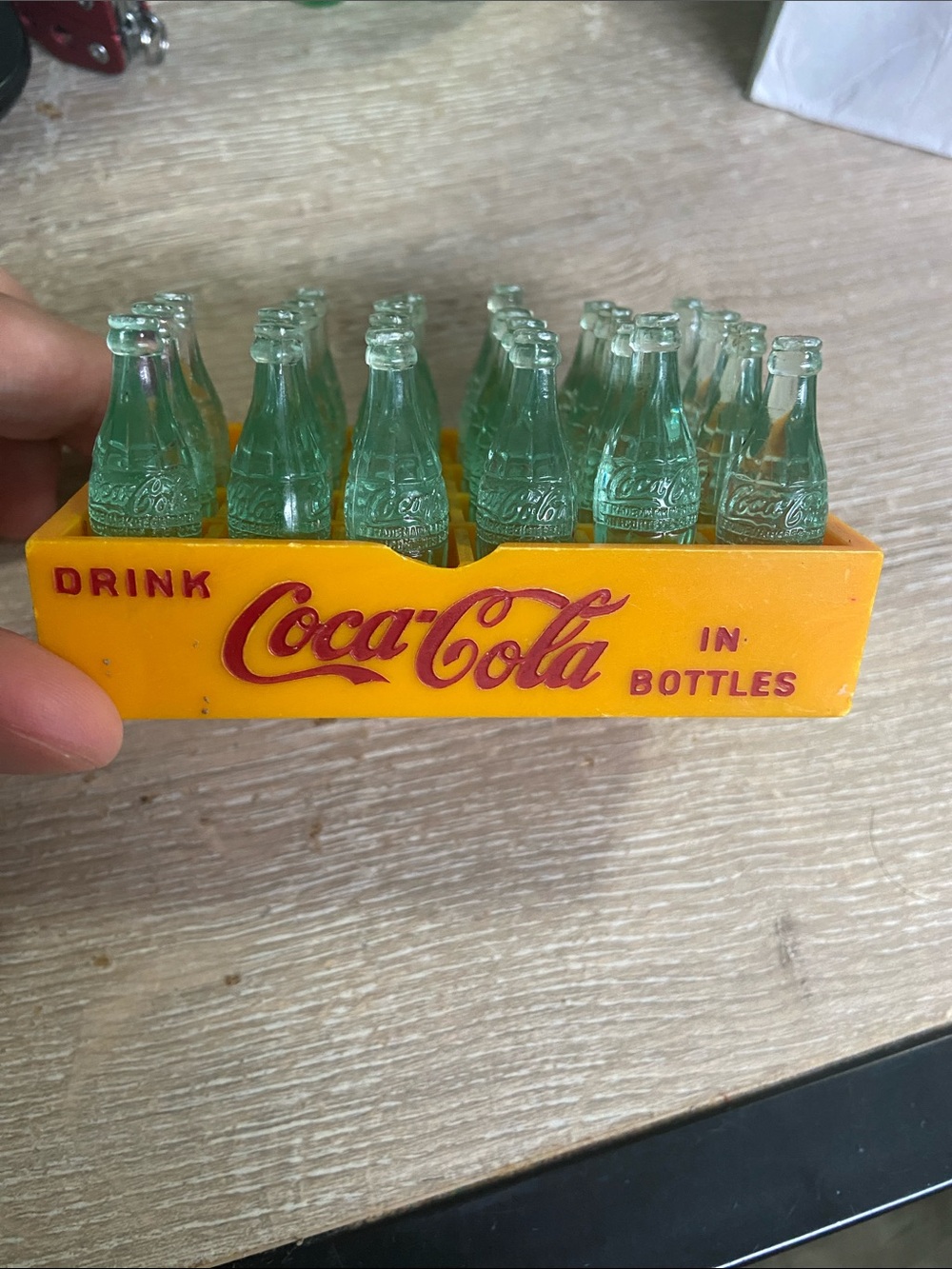 Vintage Miniature Coca Cola Plastic Yellow Case Crate With 23 Green Bottles
